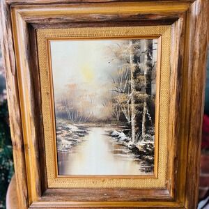 Vtg Signed Oil Painting - Snowy River Forest Landscape